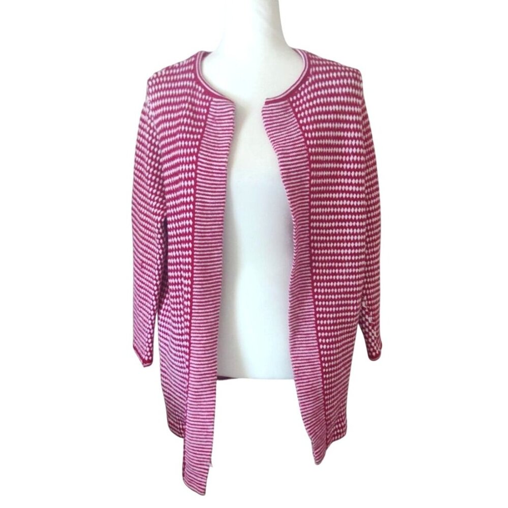 Talbots Women's Open Front Cardigan 2X Red & White 100% Merino Wool-Small Hole